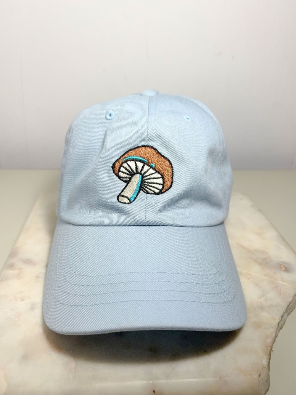 Hedgehog Mushroom Embroidered Dad Hat Light Blue Yupoong Adjustable Cotton Cap